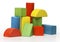 Toy wooden blocks, multicolor building bricks over whit