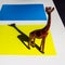 Toy wooden giraffe and it`s shadow on background of blue and yellow cardboards.