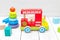 Toy wooden multicolored car. Ecological wooden toys