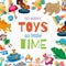 Toys for baby to play vector illustration. Toyshop poster with frame of kids toys. Cars, dolls, animal clock work