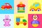 Toys Collection Isolated on Colorful Backgrounds