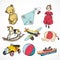 Toys colored sketch icons set