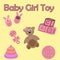 Toys for girl set on yellow background. Cartoon style editable vector. Newborn baby girl, little princess