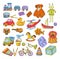 Toys isolated icons, kindergarten childish games, train and bear