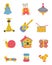 Toys isolated on a white background. There is a doll, a teddy bear, a house, a spindle top, a giraf, a guitar, a drum