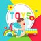 Toys and kids party in cartoon style vector illustration. Fun and play, kids game room for birthday or toyshop. Poster