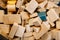 Toys in kindergarten. Chaotically scattered wooden blocks