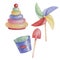 Toys ring tower puzzle, pinwheel, sandbox bucket and shovel. Retro play objects watercolor clipart for stickers, baby