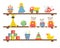 Toys on the shelves. There are cars, a helicopter, teddy bears, a doll, a ball, a clown, a giraffe, a pyramid, cubes