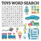 Toys word search game for kids. Vector illustration for learning