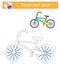 Trace and color for kids, bike, vector. Preschool worksheet for practicing fine motor skills. Flat design