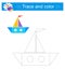 Trace and color for kids. The boat. Preschool worksheet for practicing fine motor skills. Flat design