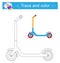 Trace and color for kids, scooter vector. Preschool worksheet for practicing fine motor skills. Flat design