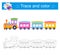 Trace and color for kids. The train. Preschool worksheet for practicing fine motor skills. Flat design