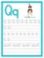 Trace letter Q uppercase and lowercase. Alphabet tracing practice preschool worksheet for kids learning English with cute cartoon