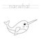 Trace the letters and color cute narwhal. Handwriting practice for kids.