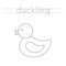 Trace word and color rubber duckling. Worksheet for children.