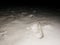 Traces of feet in powder snow. Frozen straw of grass covered with frost. Dark chilly night.