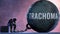 Trachoma and an alienated suffering human. A metaphor showing Trachoma as a huge prisoner\'s ball bringing pain and keepi