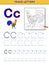 Tracing letter C for study alphabet. Printable worksheet for kids. Education page for coloring book.