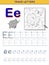 Tracing letter E for study alphabet. Printable worksheet for kids. Education page for coloring book.