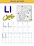 Tracing letter L for study alphabet. Printable worksheet for kids. Education page for coloring book.