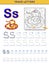 Tracing letter S for study alphabet. Printable worksheet for kids. Education page for coloring book.