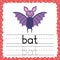 Tracing words flashcard - Bat. Writing practice for kids. Flash card with simple three letter word
