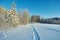 Track for cross-country skiing through the forest with lots of snow