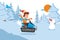 Tracked result happy child descend on snowy mountain slope vector illustration. Boy character in warm clothes spend his