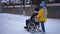 Tracking shot of young woman pushing wheelchair with man on snowy road outdoors. Live camera follows Caucasian