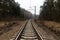 Tracks turn right. Railway track in the forest. Way into forest.