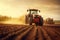 Tractor on the barley field by sunset. Generative Ai