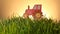 Tractor drawn icon on Grass green summer background.