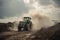 tractor dumping waste into landfill, with billowing clouds of dust and smoke