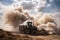 tractor dumping waste into landfill, with billowing clouds of dust and smoke