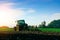 Tractor farm. Agriculture farm machinery on landscape land field. Farmer machine equipment for crop. Tractor farm fields