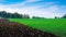 Tractor farm. Agriculture farm machinery on landscape land field. Farmer machine equipment for crop. Tractor farm fields