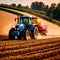 Tractor in farm field, working with crops, agriculture industry machinery
