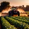 Tractor in farm field, working with crops, agriculture industry machinery