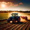 Tractor in farm field, working with crops, agriculture industry machinery