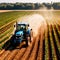 Tractor in farm field, working with crops, agriculture industry machinery