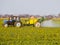 Tractor fertilizes a canola , spraying fertilizer with a tractor