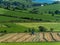 Tractor in the field on a sunny spring day. Picturesque agrarian landscape of Ireland. harvesting hay for animal feed. Farm. Green