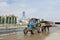 Tractor and fountains in Plotinka park, Yekaterinburg city, Russia