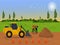 Tractor is grading to make the road. Two  construction supervisor are working on the road. with  fields and sky in the