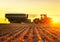 Tractor with the grain cart. Agriculture industry. Harvest