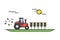 Tractor during the harvest of wheat in field on a sunny day. Farmer equipment. Illustration in flat linear style. Vector