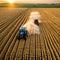 A tractor harvesting wheat starch in the sunset on a
