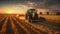 A tractor harvesting wheat starch in the sunset on a country field. Generative Ai